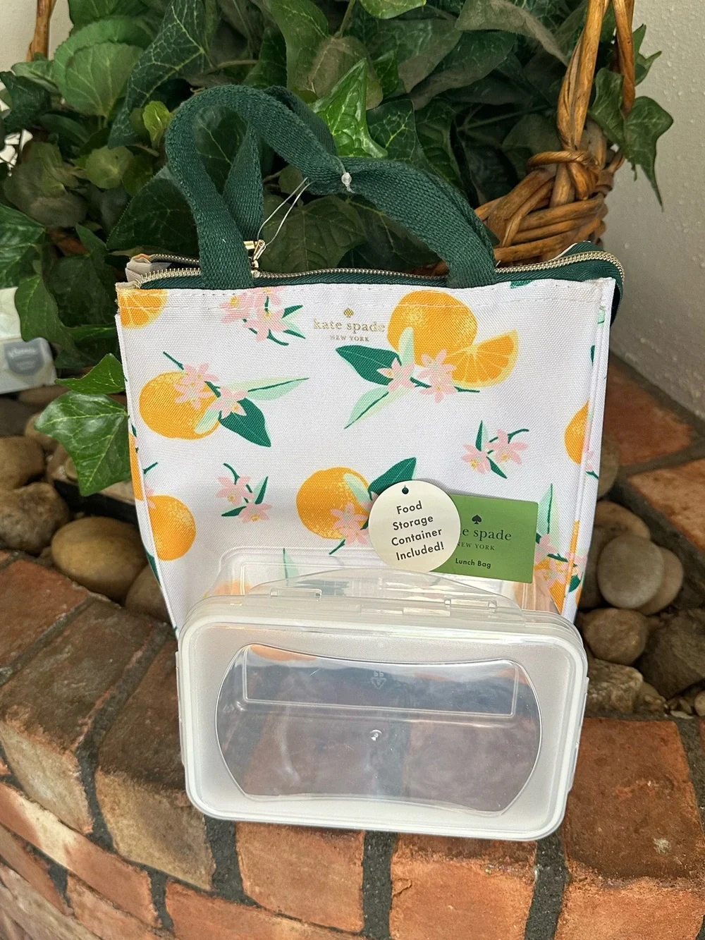 New kate spade White Citrus Print Tote with Green Handles & Insulated